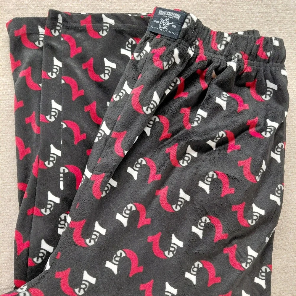 True Religion Black W/Red Logo All Over Print Velour Fleece Lounge Pants Mens XL